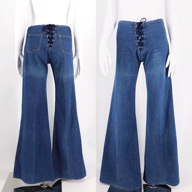 70s denim lace up hi waisted bells sz 28-31 / vintage 1970s Chemin De Fer lightweight wide leg bell bottoms pants 