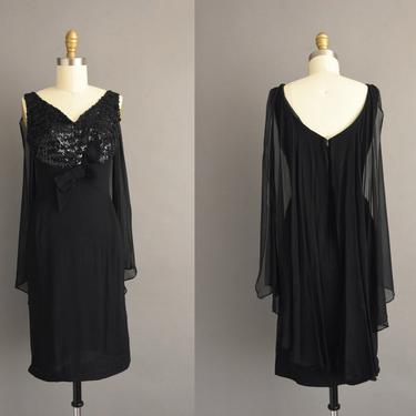 1950s vintage dress | Gorgeous Fluttery Jet Black Cocktail Party Bridesmaid Wiggle Dress | Small | 50s dress 