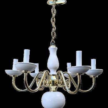 Vintage Late 20th Century White Porcelain and Brass Plated 6-Arm Chandelier