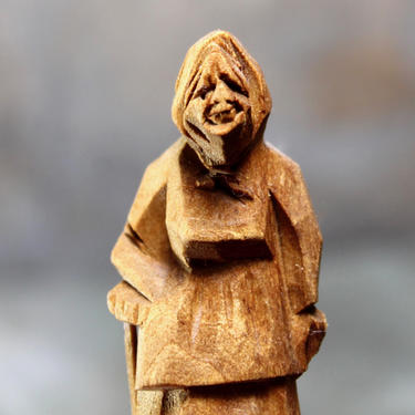 Carved Wooden Miniature - Old Woman Carving - Folk Art - Hand Carved Wood - Woman with Walking Stick on Wooden Base | FREE SHIPPING 