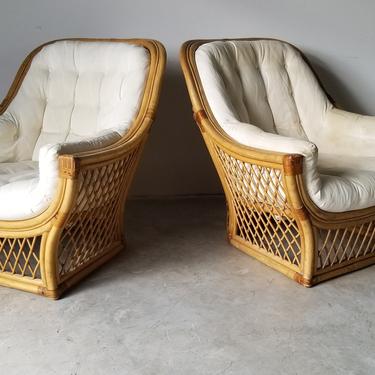 Vintage Lattice Design Rattan and Leather Lounge Chairs - a Pair 