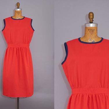 60s Dress Sleeveless Red Cotton Shift Dress with Navy Ringer and Banded Waist 