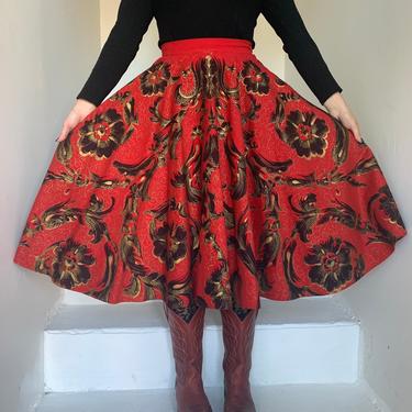 Beautiful Unique 1950s Circle Flannel and Cotton Skirt with Black Floral Design Accented by Gold 26&amp;quot; waist vintage 