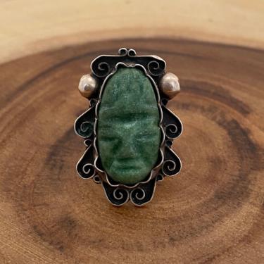 FACEFIRST Vintage Green Onyx & Mexican Silver Ring | Carved Onyx Aztec Mask | Mexican Jewelry, Southwestern, Mexico | Size 5 1/2 