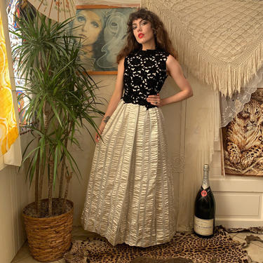 60's FORMAL LAMÉ DRESS - silver and black - velvet rose bodice - ballroom skirt - baba original couture  - small 