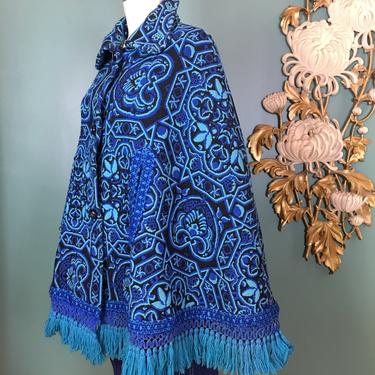 1960s tapestry cape, vintage 60s cape, mod cape, bohemian cape, one size, cape with fringe, hippie style, navy and aqua, boho style, poncho 