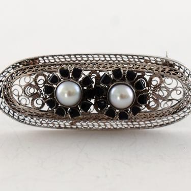 Gothic 40's sterling filigree enamel pearl oval bar brooch, edgy 925 silver black petal white center flowers statement pin 