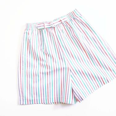 Vintage 80s Shorts S M - 1980s Striped Elastic Waist Short - High Waist Stripe Shorts - Blue Purple Pink Womens Shorts - Casual Shorts 