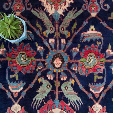 Vintage 3’8” x 5’1” Small Rug Raspberry Navy Floral Figural Motif Hand-Knotted Wool Pile Rug 1960s - FREE DOMESTIC SHIPPING!! 