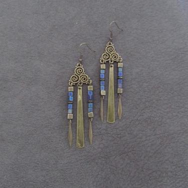 Bronze ethnic earrings, chandelier earrings, statement earrings, bold earrings, etched metal earrings, blue multicolor earrings, bohemian 