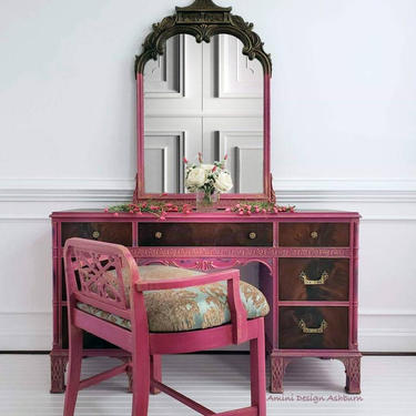 Available with FREE SHIPPING - Vanity, Desk, Makeup station, princess, Mirror, Chair - Pink, Blue, Brown, Girl, Painted Furniture, Vintage 