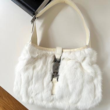 Vintage GUCCI Off-White Fur Patent Leather MINI Jackie O Satchel Evening Shoulder Hobo Handbag Bag Purse 