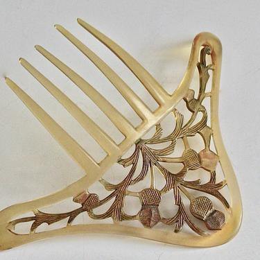 Art Nouveau Scottish Thistle Tinted Hair Comb, French Antique Comb, Carved Celluloid Hair Comb, Scottish Thistle Jewelry, 