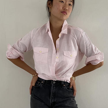 90s linen blouse / vintage blush pink woven linen pocket shirt over shirt blouse | M L 