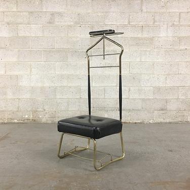 Vintage Butlers Chair Retro 1960s Pearl-Wick Valet Stand Mid Century Modern Gold Metal + Black Vinyl + Brown Wood + MCM Seating + Home Decor 