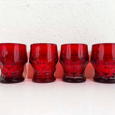 Vintage Ruby Red Goblets Whiskey Glasses Lowball Set of 4 Anchor Hocking Style Glass 60s 1960s Cocktail Barware Wine 