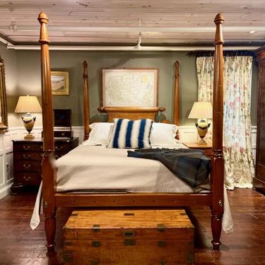 Leonards Empire Tall Post Bed in Tiger Maple, Acorn top posts, Circa 1820. Resized to Queen