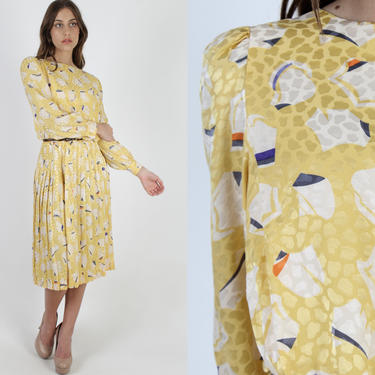 1980s Abstract Yellow Silk Dress / White Cotton Ball Print Dress / Vintage 80s Shadow Polka Dot Pleated Day Party Below The Knee Dress 