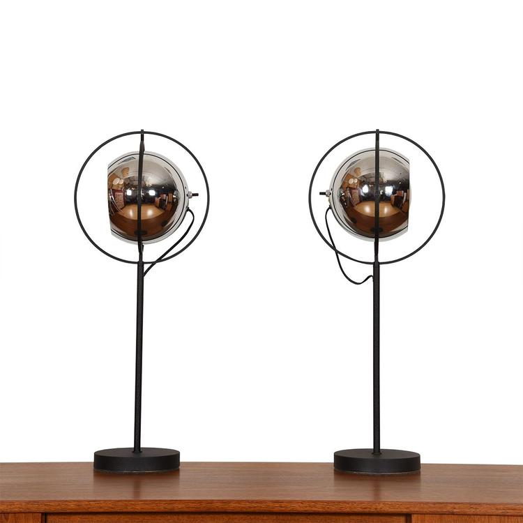 Sonneman Pair of Mid Century Chrome + Wrought Iron Eyeball Adjustable Table Lamps
