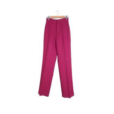 Vintage 70s Bright Magenta Maroon High Waist Polyester Pants Size 24 x 31 