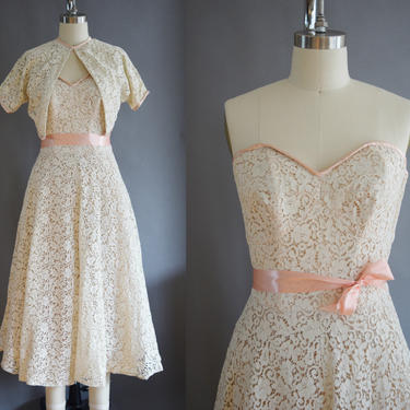 1950s Laurel Lace Overlay Dress and Shrug | Fit and Flare Wedding Dress | Lace and Pink | Small 