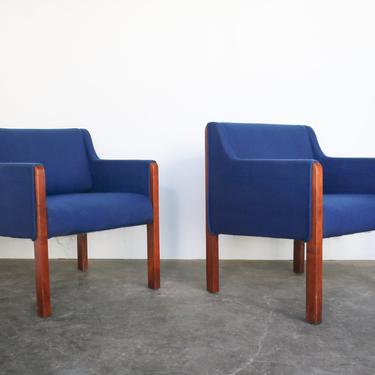 Pair of Mid Century Modern Walnut + Blue Arm Chairs 
