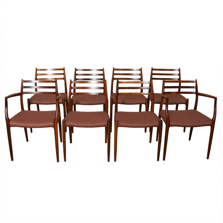 Set of 8 Niels M\u00f8ller Rosewood Dining Chairs 2 Arm (Model #62) + 6 Side (Model #78)