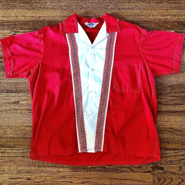 Late 50s / early 60s Red and White Two Tone Paneled Cotton Short Sleeve Sport Shirt by Pilgrim. 
