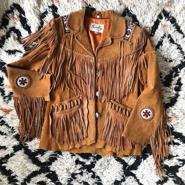 tan suede SCULLY Western fringe leather jacket size 12 / vintage 80s 90s beaded fringed jacket 