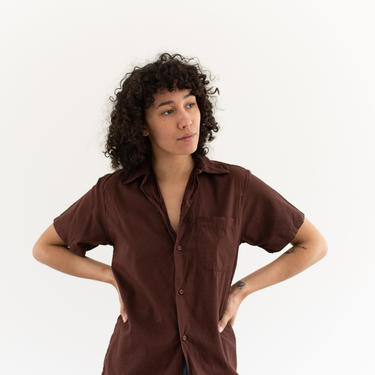 Vintage Hickory Brown Short Sleeve Shirt | Overdye Simple Blouse | Cotton Work Shirt | S | 
