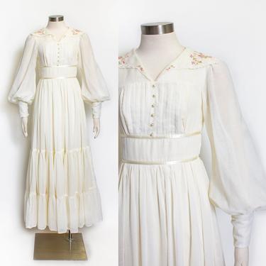 Vintage Gunne Sax Dress - 1970s Ivory Cotton Floral Embroidered Maxi Boho 70s - XS Extra Small 