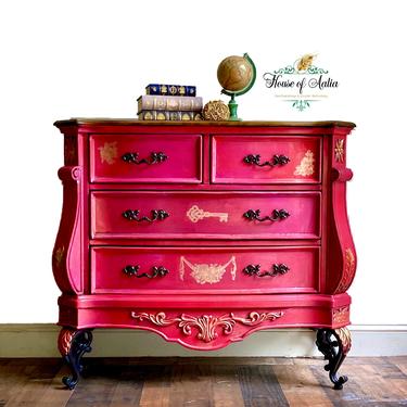 Ruby Red and Gold French Provincial Bombe Chest or Dresser. Vintage Chest. Entryway Accent Table. Boho, Eclectic, French Country Bedroom. 
