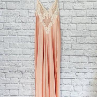 Vintage Peach Negligee Nightgown // Pink Sheer Lace Slip 