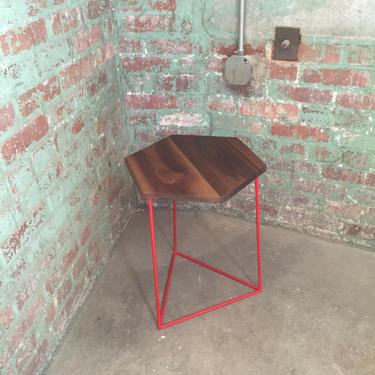Modern Hexagonal Side Table with Solid Walnut Top and Triangle Steel Base 