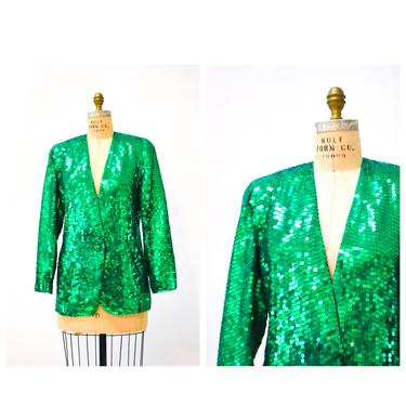 Vintage Green Sequin Jacket Size Small Medium Kelly Green Sequin Jacket Blazer 80s 90s Party Glam Jacket Size Medium by Oleg Cassini 
