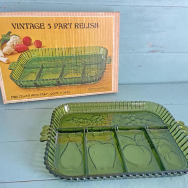 Vintage Indiana Glass Green Relish Tray, Five Part // Green Platter, Dish // 1970's Entertaining Appetizer Tray // Christmas, Perfect Gift 