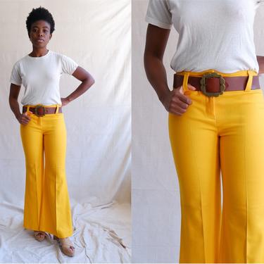 Vintage 70s Yellow Hip Hugger Bell Bottoms/ 1970s Low Rise Flare Pants/Bobbie Brooks/ Size Small 