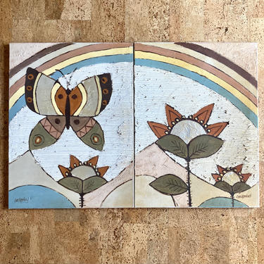 Vintage Lee Reynolds Modernist Neutral Diptych Paintings Butterfly Rainbow 1970s 