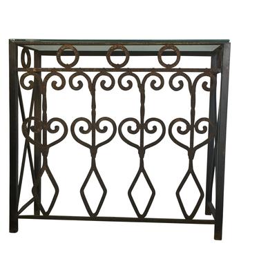 Hand Forged vintage iron console with glass top.