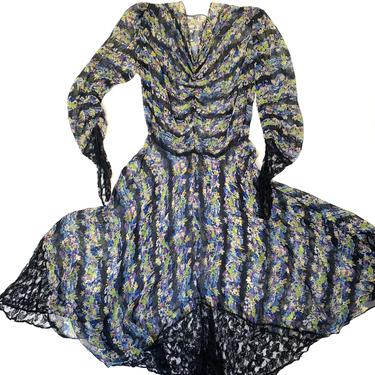 1930s Chiffon &amp; Lace Dress / 30s Floral Novelty Print  Dress 