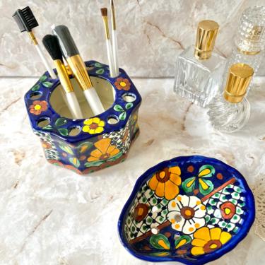 Vintage Talavera 2-Pc Dish and Organizer Holder, Mexico Pottery, Hand Painted, Artisan Signed, Guest Room Home Decor 