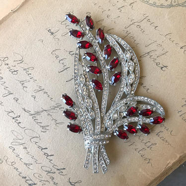 Vintage Art Deco Revival Rhinestone &amp; Red Marquise Bouquet Brooch 