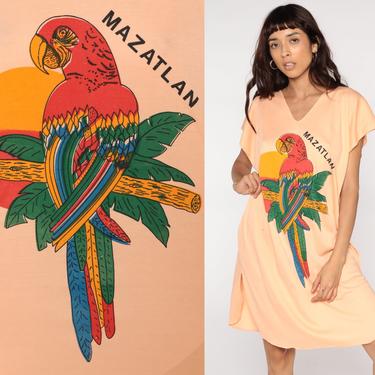 Mazatlan Mexico T Shirt Dress Parrot Dress 80s Pajama Dress Nightie Mini Bird Dress Kawaii Tee Vintage Orange Lounge Small Medium Large 