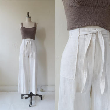 Vintage 70s Ivory Cotton Gauze Trousers with Waist Tie/ 1970s Safari Style High Waisted Wide Leg Pants/ Size Medium 