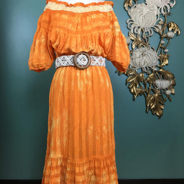1970s peasant dress, gauze cotton dress, tie dyed dress, vintage 70s dress, Mexican dress, size medium, orange ethnic dress, puff sleeves 