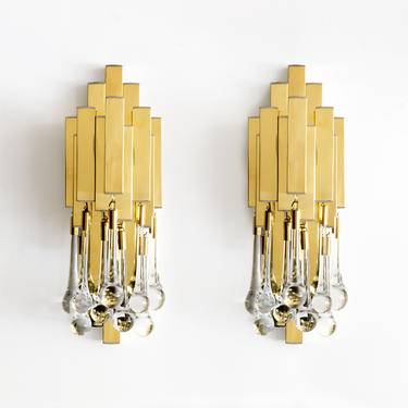 Lumica, Barcelona, Spain, pair of brass & crystal sconces 1970.