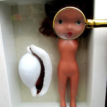 Oddity Art Shadow Box Mixed Media Creepy Antique German Doll/ Seashell/ Magnifying Monocle Creepy Curio Box 