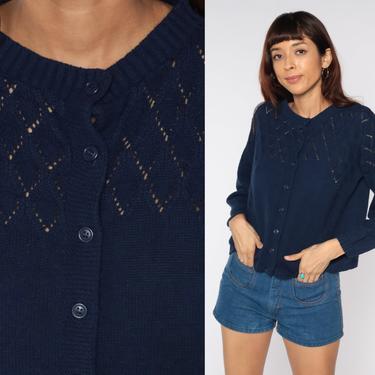Navy Pointelle Cardigan 70s Sweater Grandma 1970s Vintage Open Weave Sheer Blue 80s Slouchy vtg Preppy Nerd Button Up Large L 