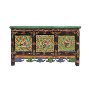 Chinese Tibetan Distressed Red Green Pigment Drawers Coffee Table cs5790E 