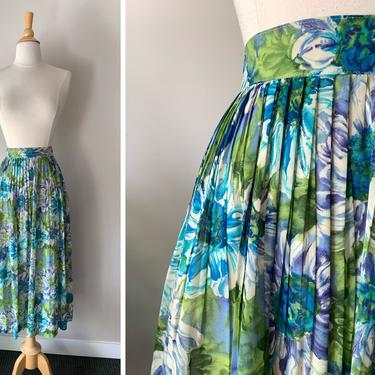 Vintage 1950s Inspired Blue Watercolor Floral Sunflower Pleated Chiffon Skirt | Size XS/S 